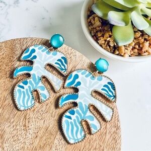 2/$30🌵 Teal Monstera Leaf Earrings Tropical Large Gold Bohemian Plant Lady NEW